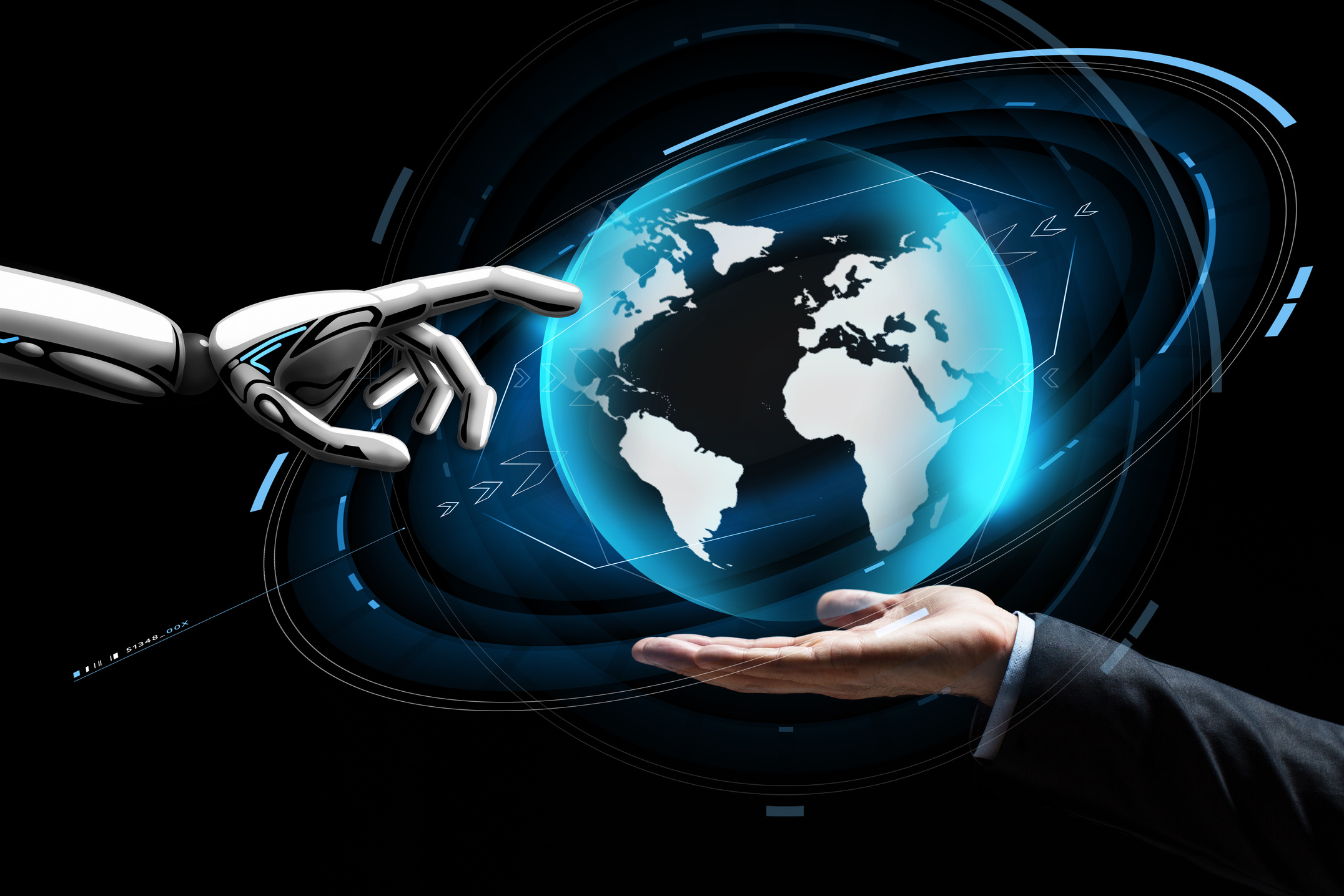 Human and Robot Hand with Virtual Earth Hologram